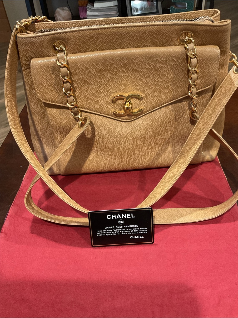 CHANEL Beige Leather Shoulder Bag with Gold Chain Detail